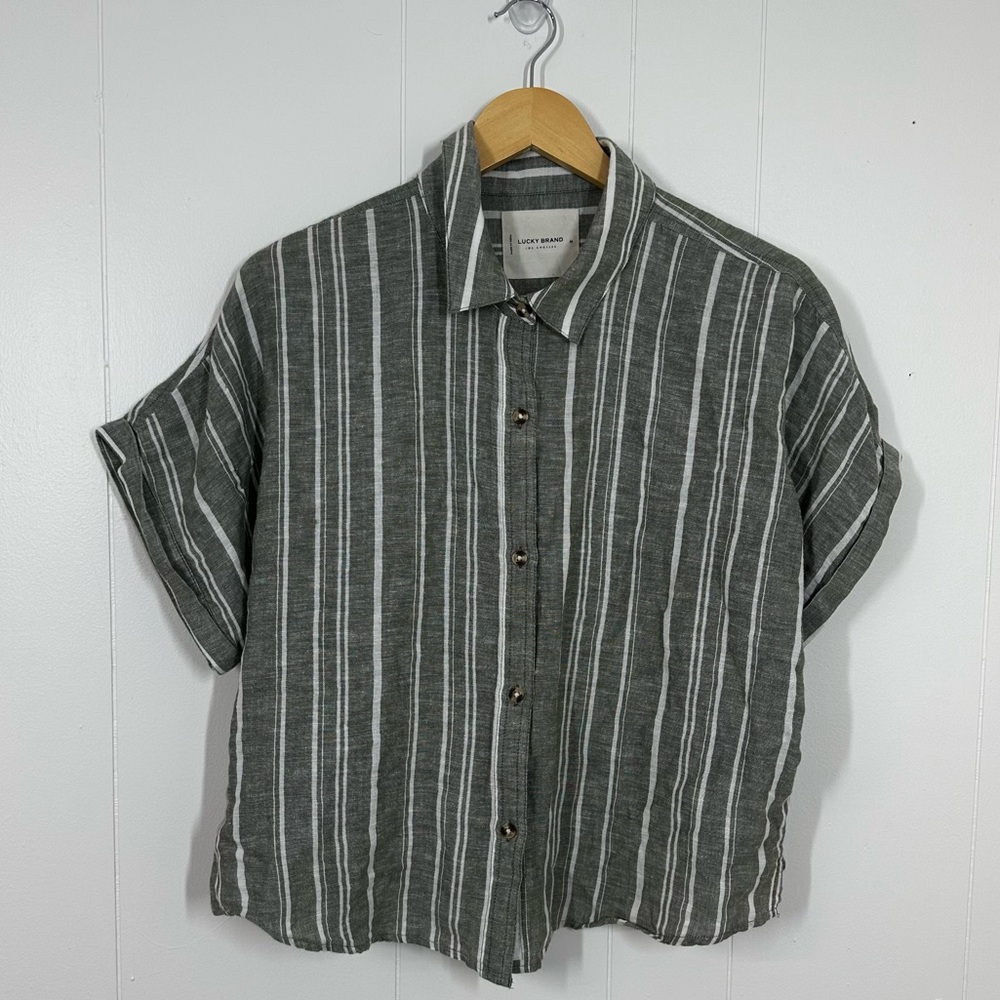 Lucky Brand Relaxed Green Linen Short Sleeve Button Up